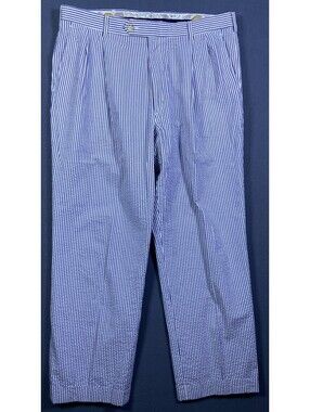 Vintage Berle Pants Mens 36R 36x28 Blue White Cotton Seersucker Striped Trouser